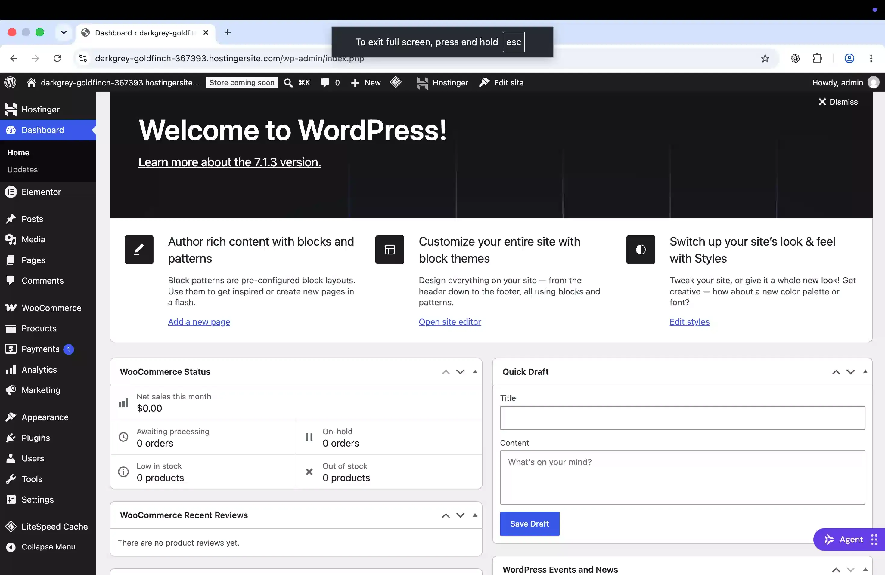 WordPress administrationspanel med meny och översiktsrutor