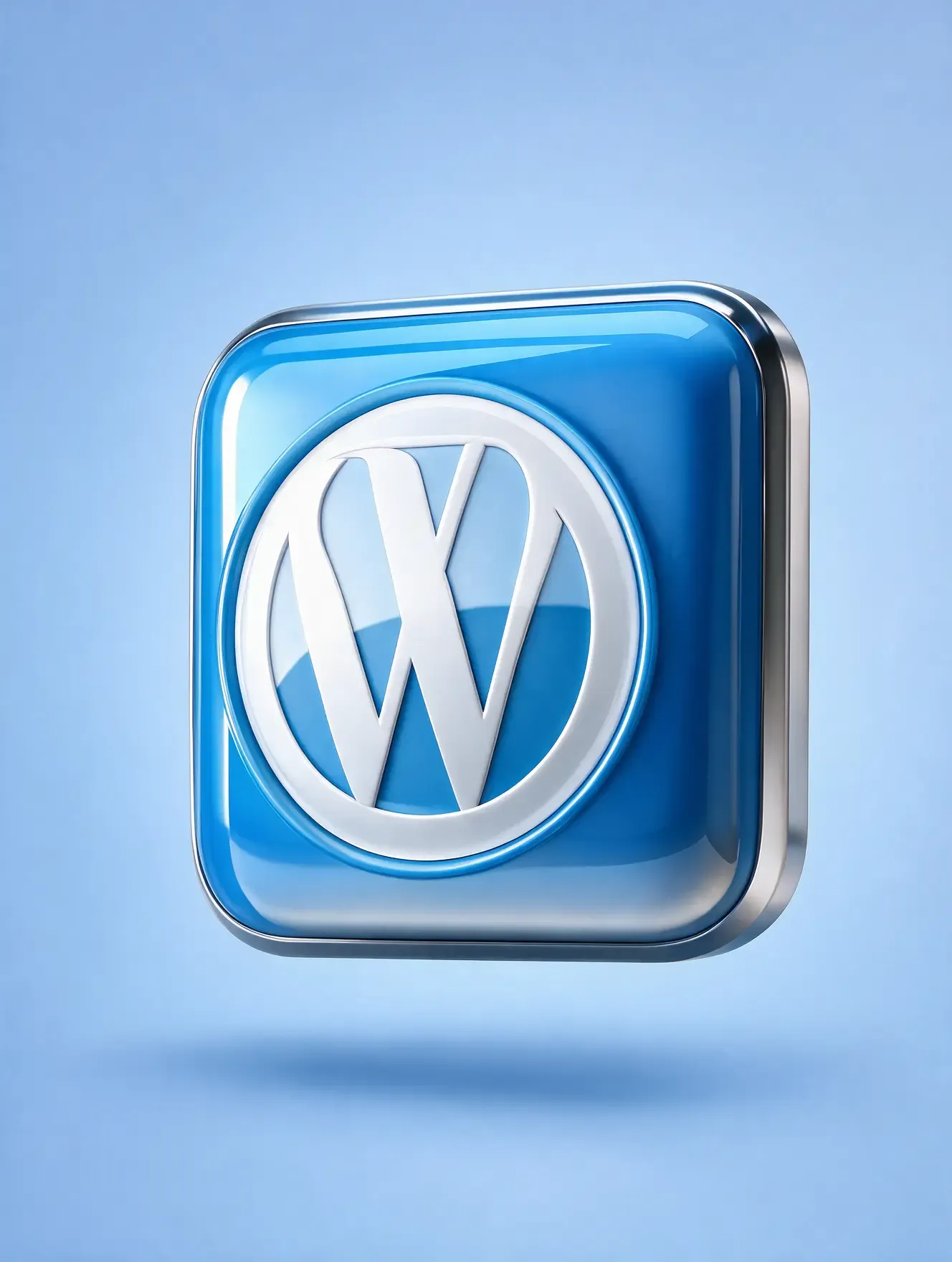 Blå tredimensionell WordPress-logotyp mot ljusblå bakgrund
